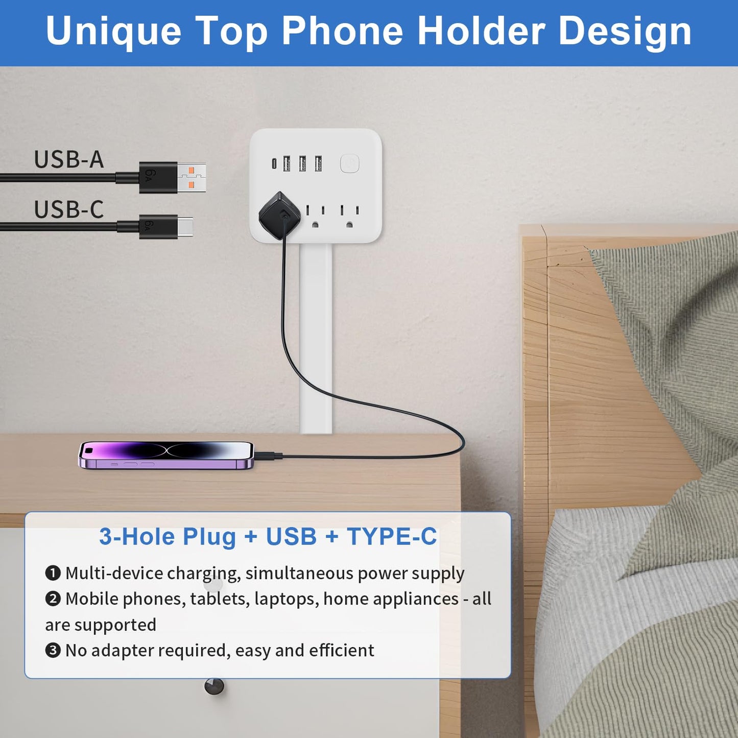 Electrical Outlet Extender Stick, 180° Rotating Surge Protector Power Strip, Featured 3 AC and 4 USB Ports, Multi Plug Wall Outlet Splitter | Ideal for Behind Couches, Nightstands, Desks | White