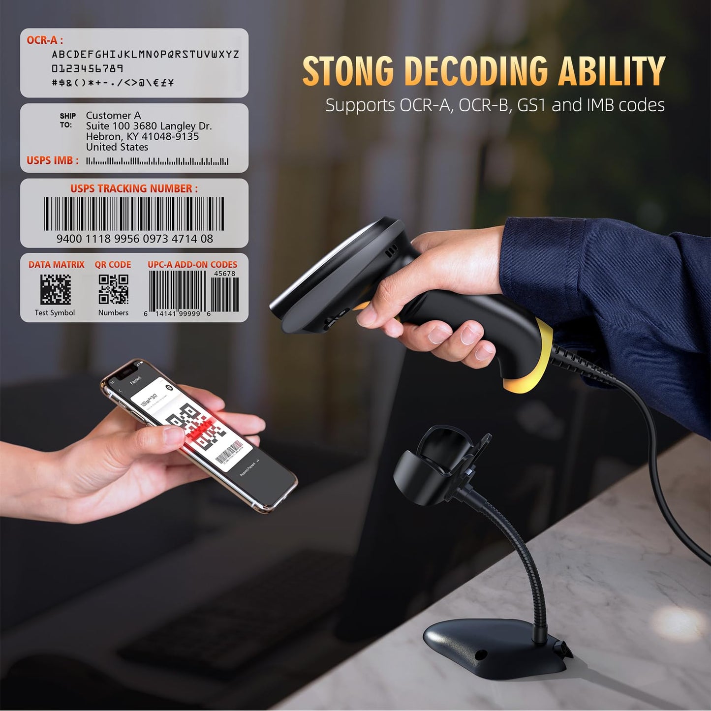 TEEMI 2D Barcode Scanner with Smart Stand USB Wired Handheld Automatic QR Data Matrix PDF417 OCR bar Codes Imager Global Shutter Computer Screen Scan for Windows Mac and Linux PC POS, Stand Included