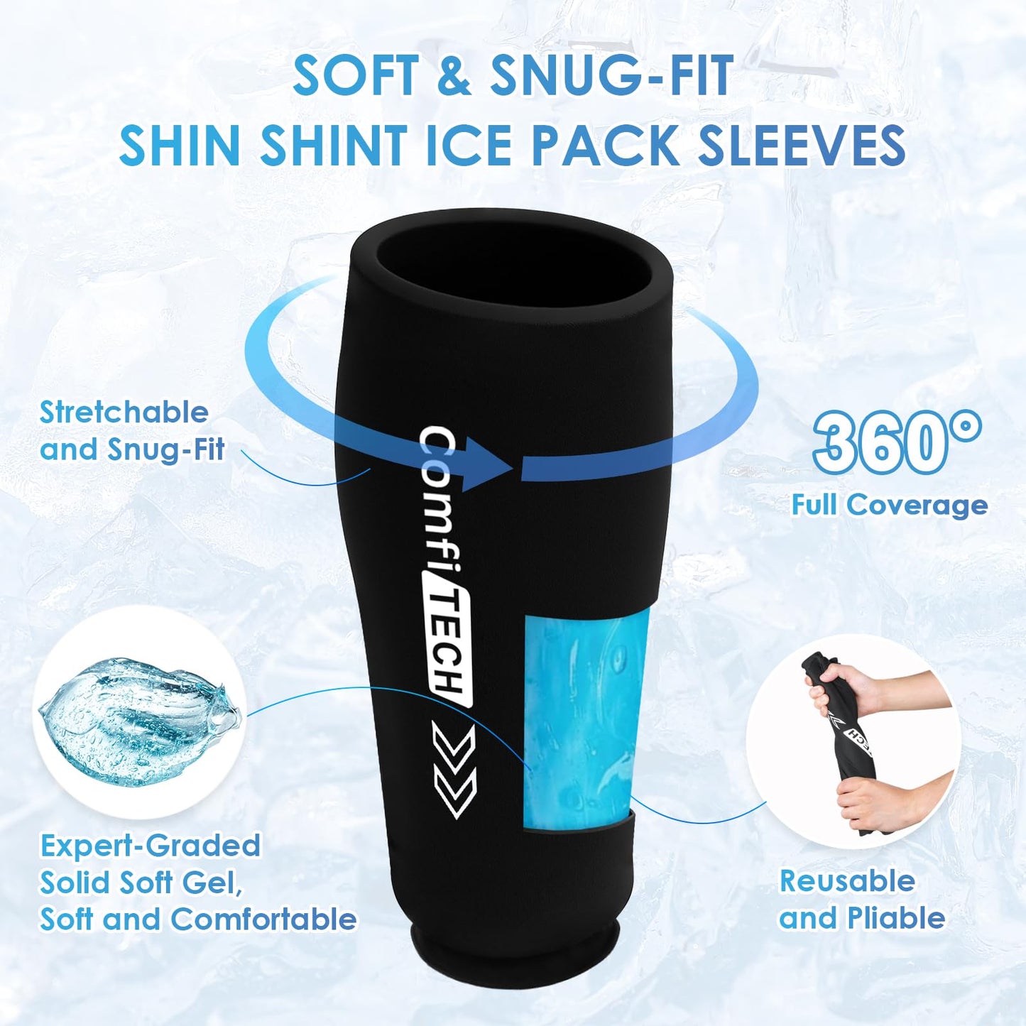 Comfitech Shin Splint Ice Pack Wrap 2 Pack, Reusable Leg Ice Pack Sleeve for Knee & Calf, Flexible Gel Cold Pack for Ankle & Arm, Hands-Free Design for Comfort and Support, Large