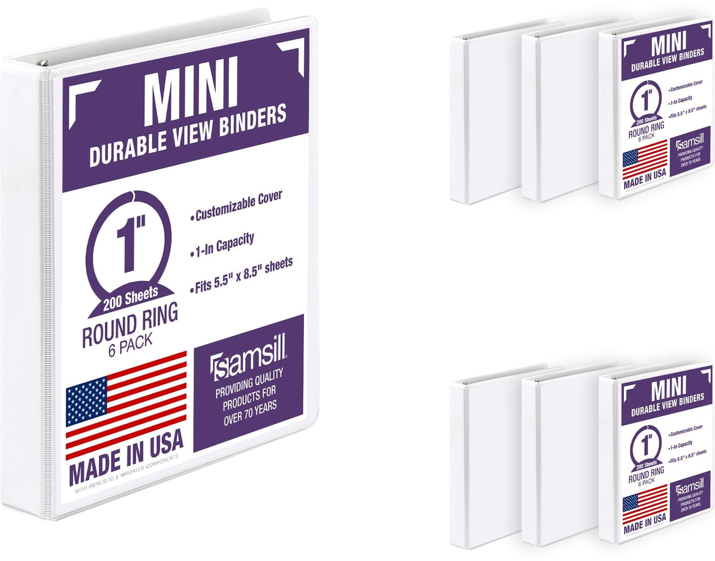 Samsill Economy 1 Inch Mini 3 Ring Binder, Made in The USA, Round Ring Binder, Non-Stick Customizable Cover, White, 6 Pack