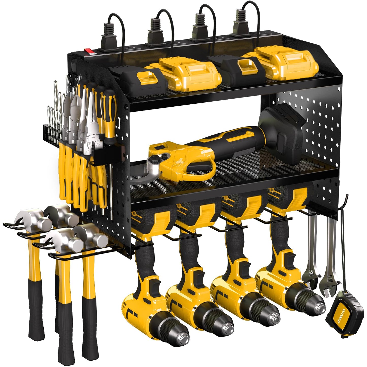 Power Tool Organizer with Charging Station, Gifts for Men Dad Husband Him Fathers Day, Wall Mount Garage Shelving with 6 Drill Holder, Garage Storage Built in 8 Outlet Power Strip,Battery Organizer