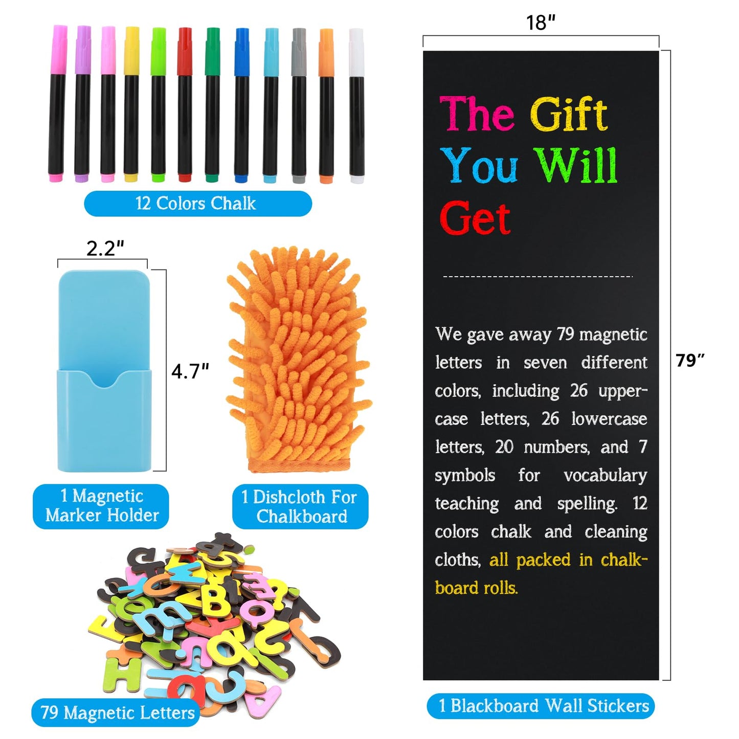 Magnetic Chalkboard Contact Paper for Wall, 47.2" x 18" Self-Adhesive Magnet Wall Sheet with 79 Magnetic Letters and 12 Colors Chalk Markers, Magnetic Wallpaper Stickers