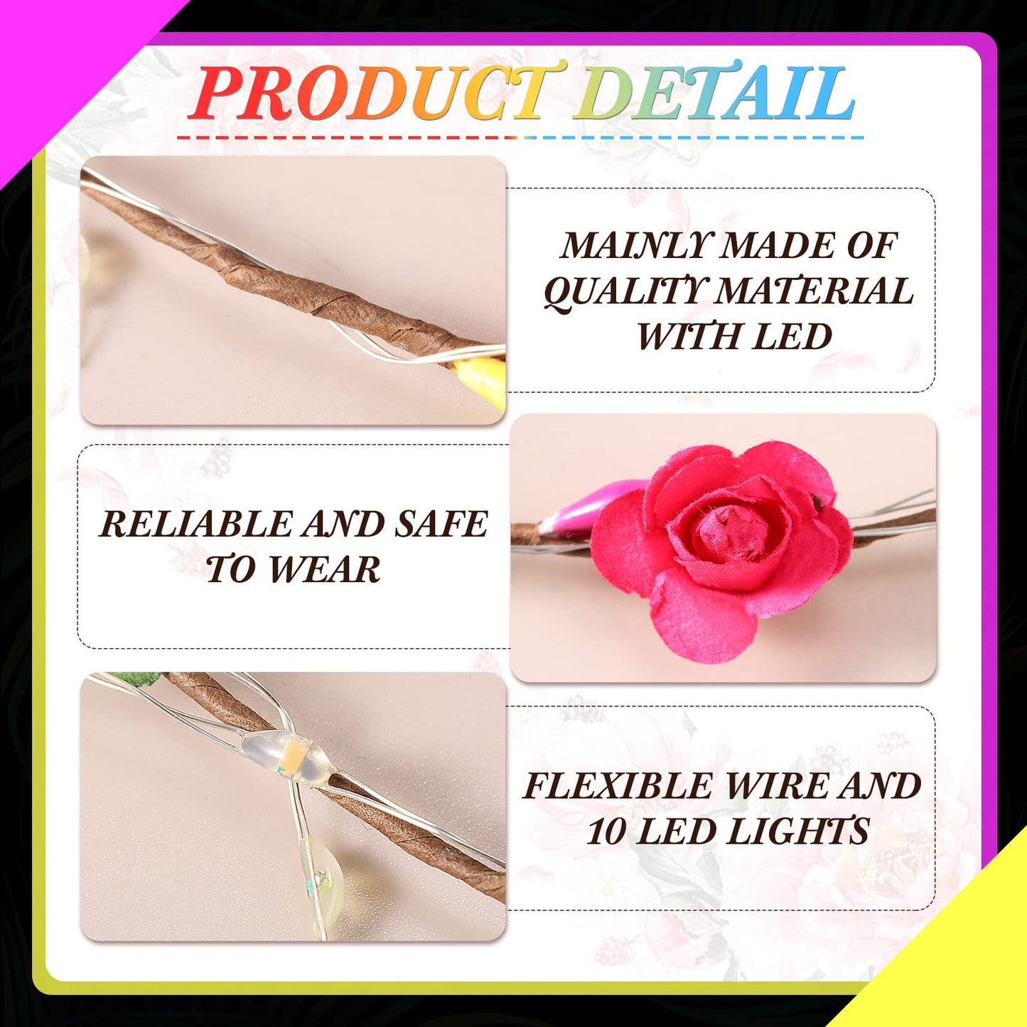 Yunsailing 64 Pcs Halloween Light up Flower Crown LED Glow Party Headband Girl Headpiece Glowing Floral Headdress(Classic)