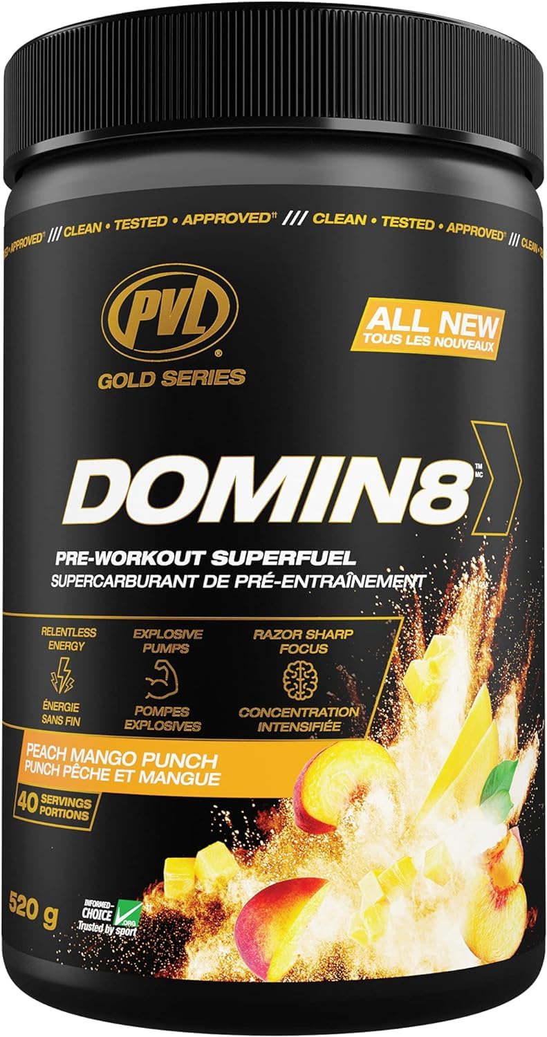 PVL Gold Series Domin8 | Pre-workout Superfuel - full dose Preworkout - 520 g - Peach Mango Punch