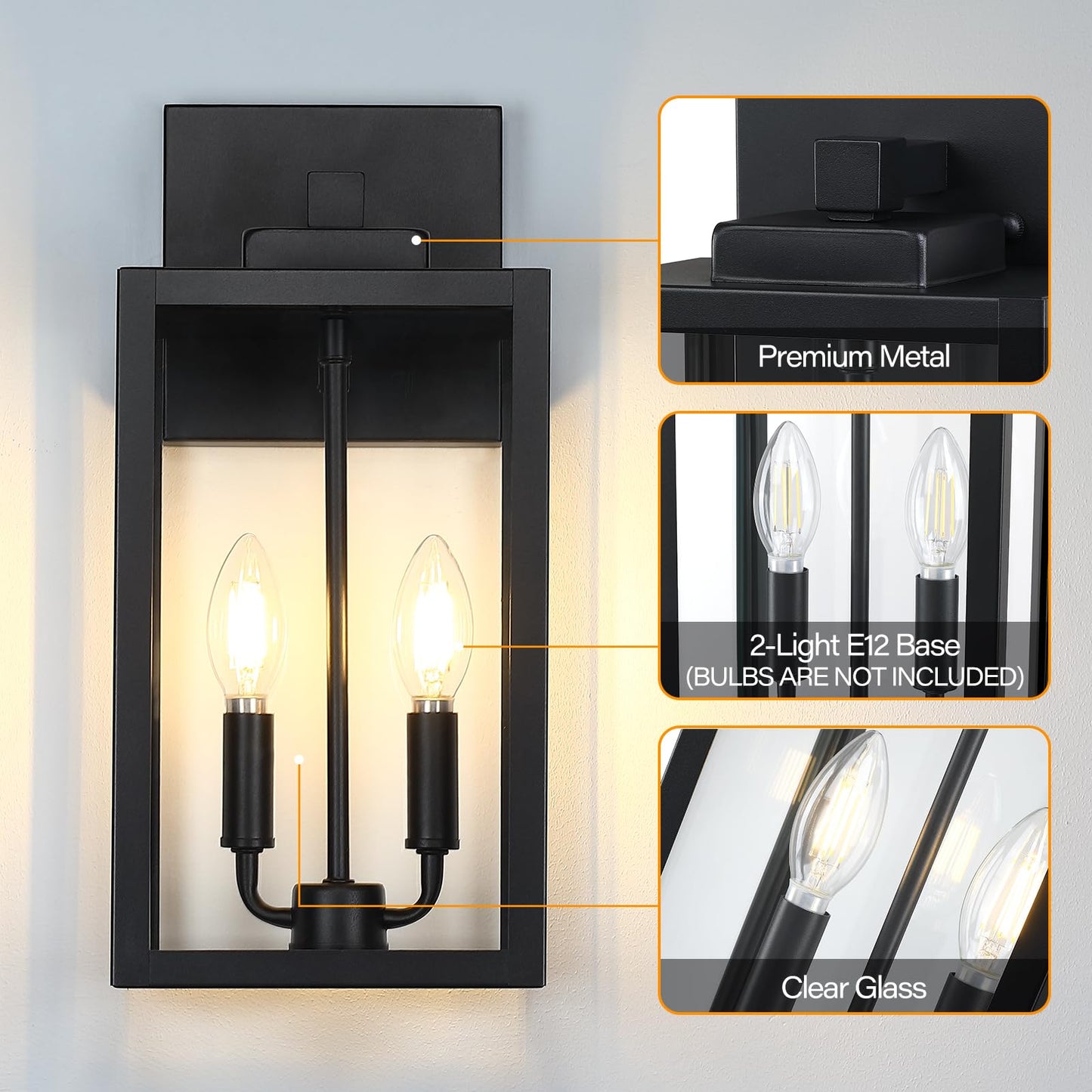 15.5" Black Outdoor Wall Lantern 2-Light, Outside Modern Wall Sconce Light Fixture, Industrial Porch Light Wall Mount with E12 Sockets, Waterproof Exterior Lamp Lighting, 1 Pack