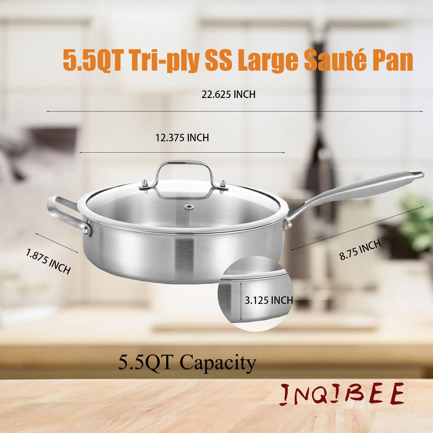 Inqibee Tri-Ply 5.5 Quarts Stainless Steel Sauté Pan with Lid,12 Inch Induction Deep Frying Pan,Large Skillet,Jumbo Cooker,Dishwasher and Oven Safe,Detachable Handle.