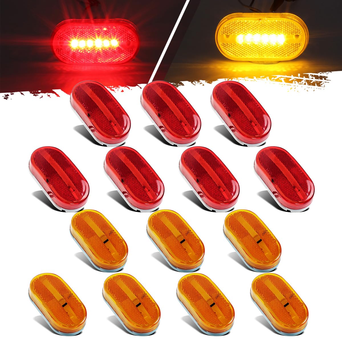 Partsam 14Pcs 4 Inch Rectangle Trailer RV 6 LED Side Marker Clearence Lights w Reflex Lens [DOT Certified] Sealed Waterproof Running Light for Truck Camper Motorhome, Surface Mount, 12V (7Amber+7Red)
