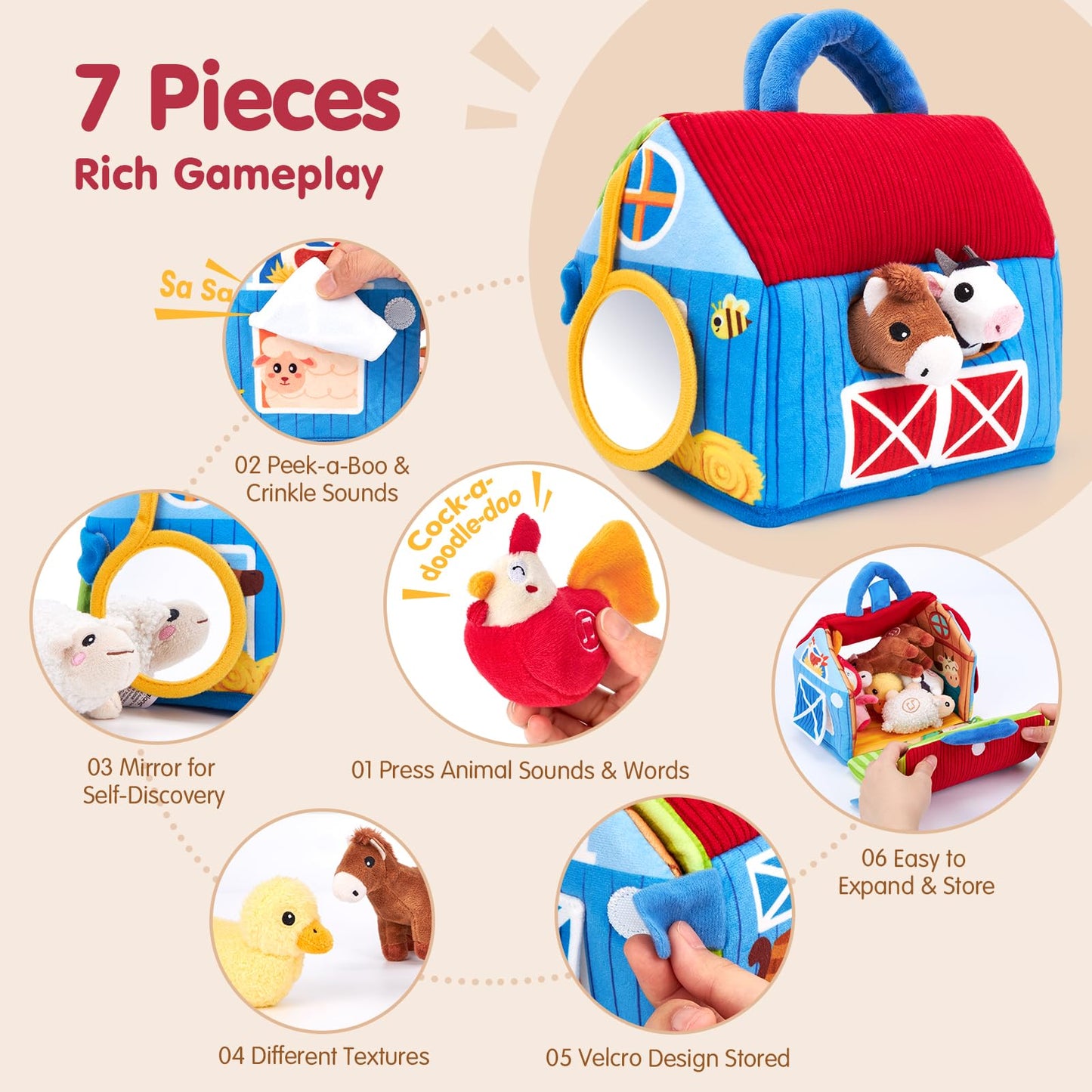 hahaland Baby Toys 6-12 Months - Surprise Barn with Stuffed Farm Animals with Real Sounds & Word Repeats, Mirror- Sensory Toy Montessori Toys for 6 Month Old Baby 1 Year Old Boy Girl