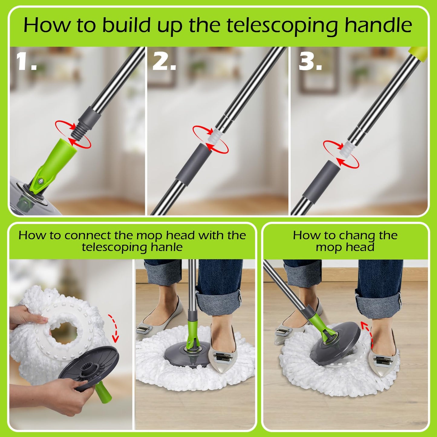 Almcmy Spin Mop and Bucket Set, Mop Bucket with Foot Pedal Wringer System, 3 Reusable Mop Refills, 130cm Long Handle, Easy Wring Magic Mop Floor Cleaning System, Green