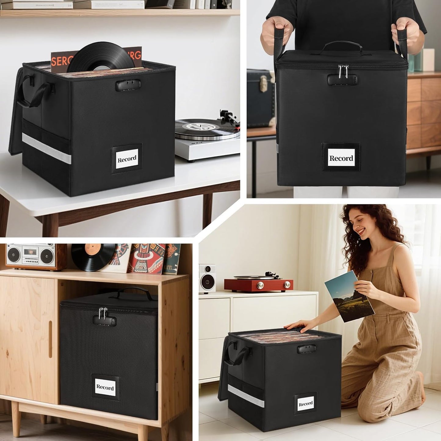 IBVIVIC Vinyl Record Storage Box with Lock, Holds up 100+ Records, Fireproof＆Water Resistant LP Record Organizer Crate with Lid for Valuable Album Collection (Black, 34x34x34cm)