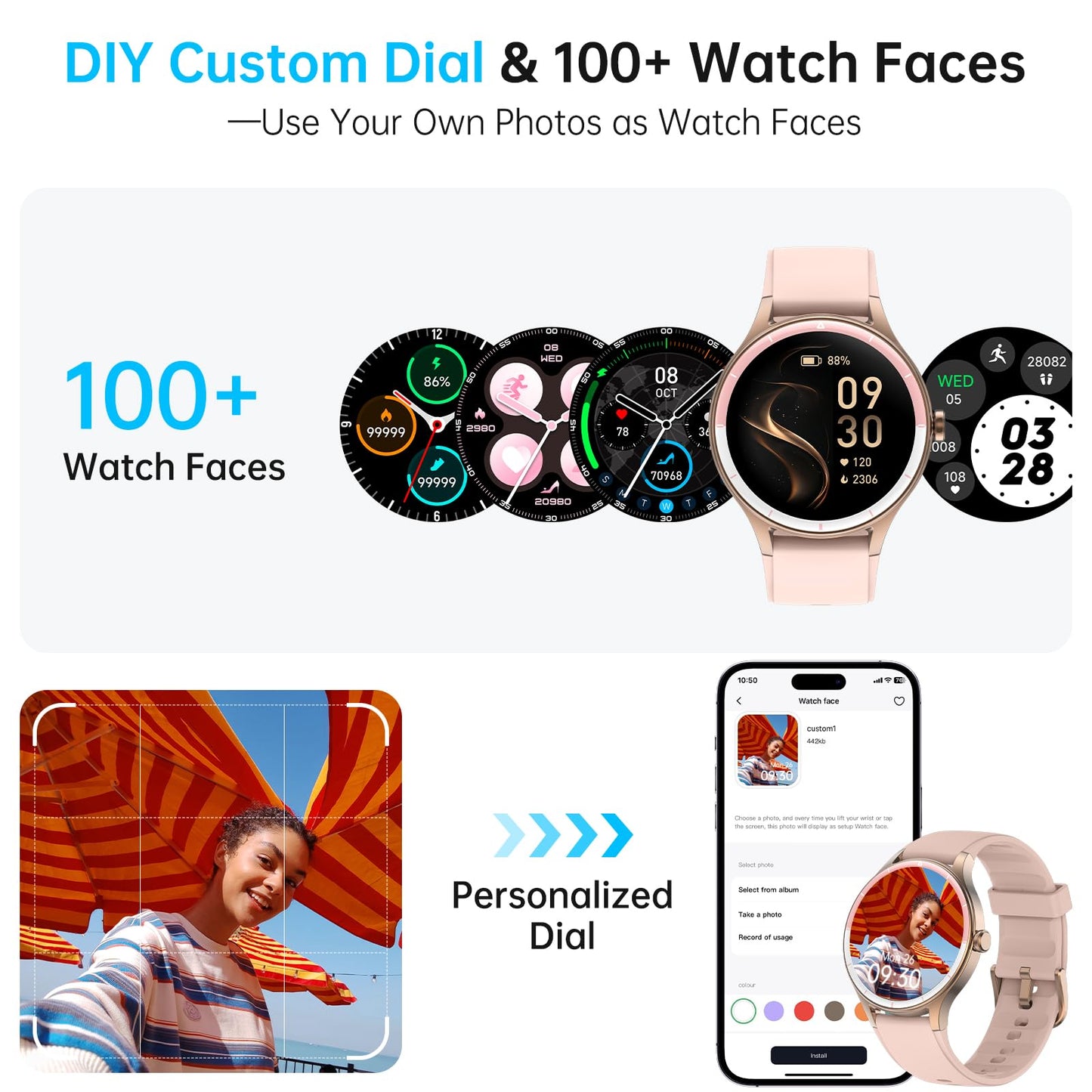 Smart Watch for Men Women, 1.27" HD Touchscreen Fitness Tracker, Bluetooth Calling, 100+ Sports Modes, Heart Rate Sleep Monitor, DIY Dial, IP68 Waterproof, Compatible with Android & iOS