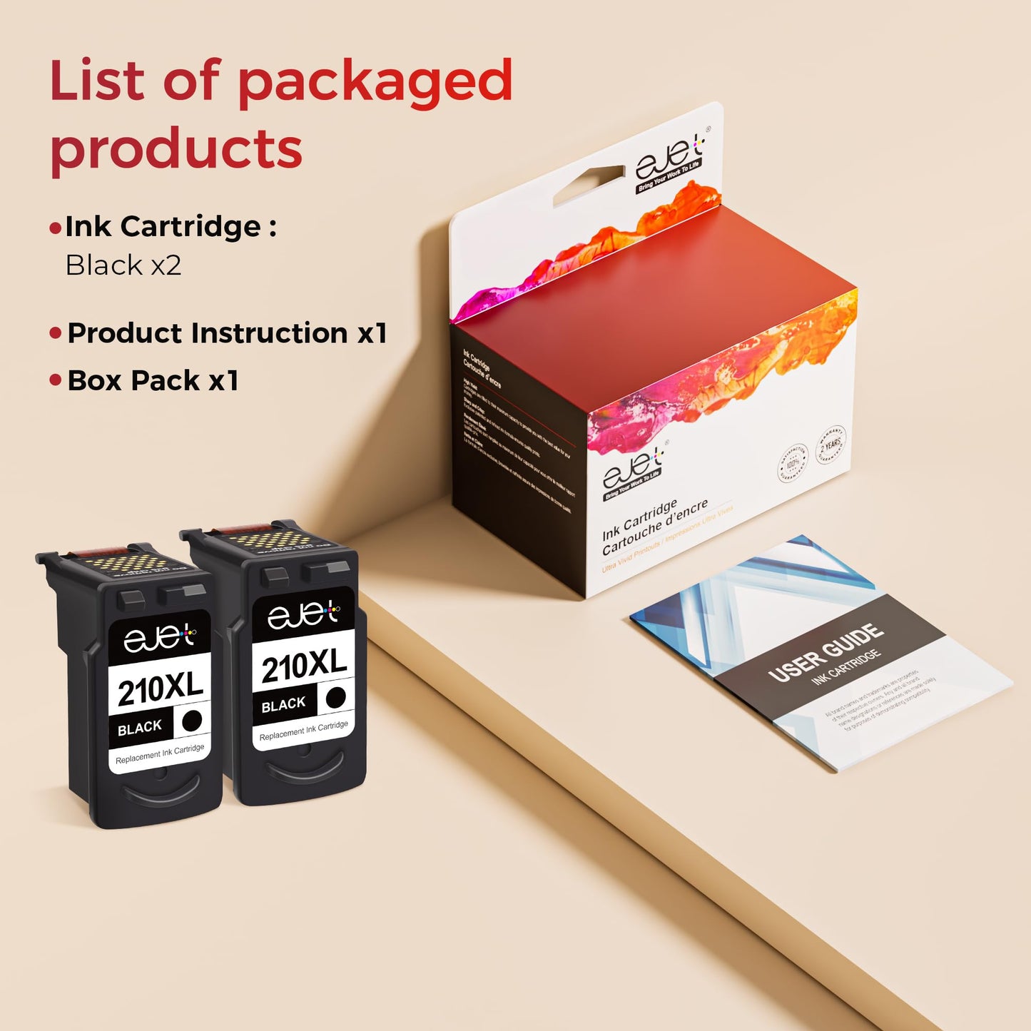 ejet Remanufactured 210XL Black Ink Cartridge Replacement for Canon 210XL Black Ink Cartridge 210XL MP280 Ink Cartridges for Canon IP2702 MP230 MP250 MP480 MP490 MP495 MX410 MX340 Printer (2 Black)