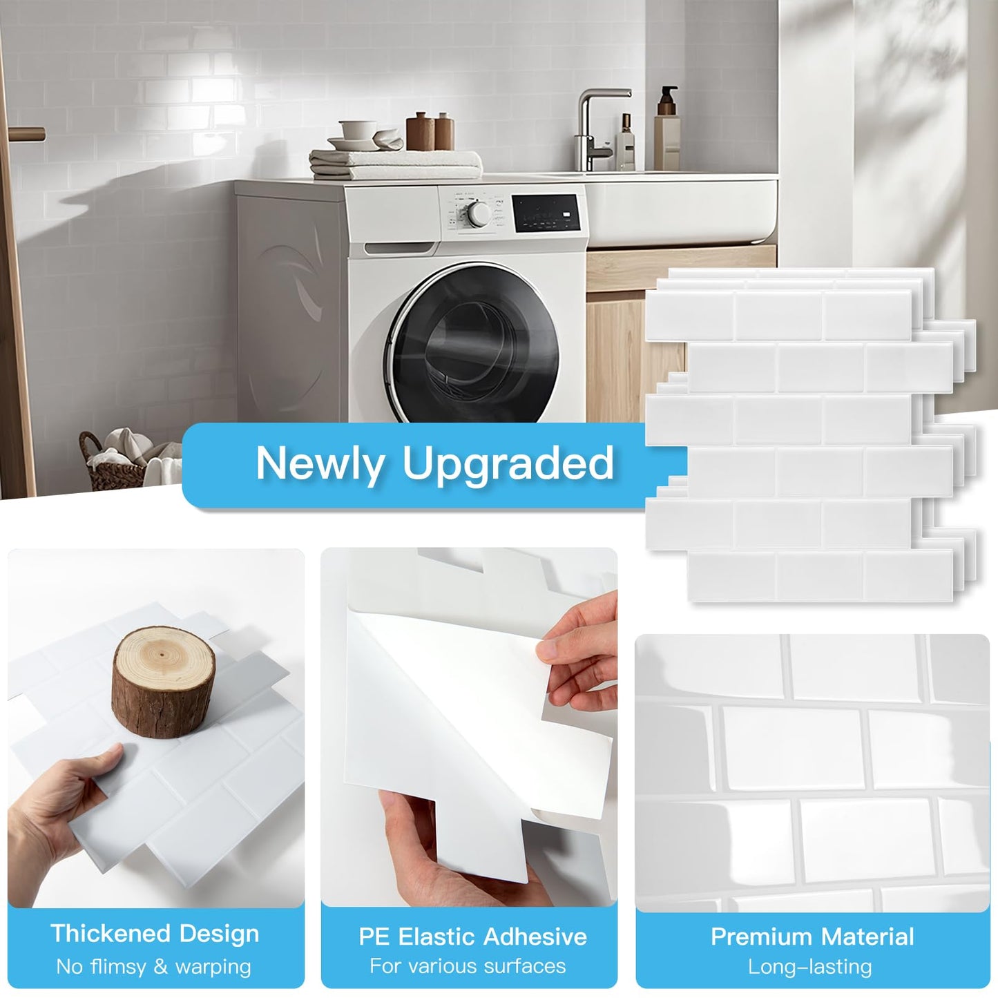Art3d Peel and Stick Backsplash Tiles – 12"x12" White Washed Thicker Design, Self-Adhesive Wall Tile for Kitchen & Bathroom