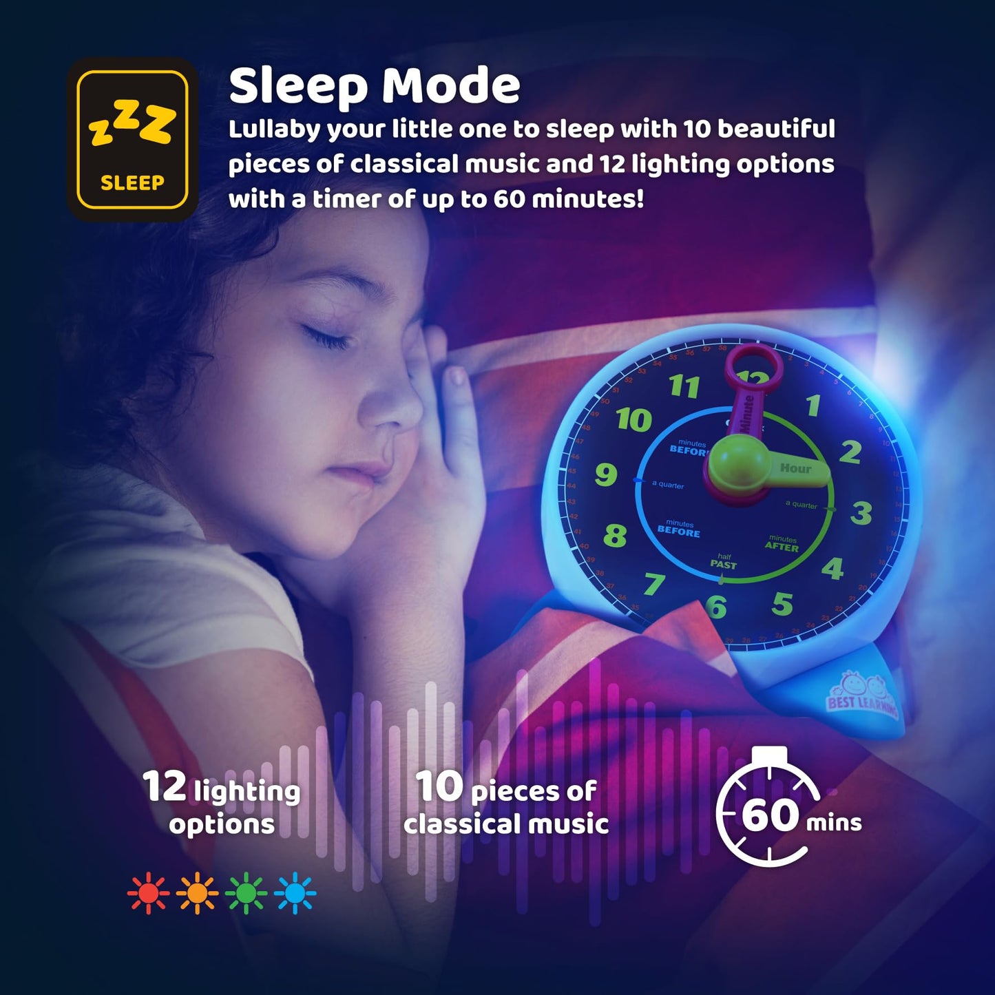 BEST LEARNING Learning Clock - Educational Talking Learn to Tell Time Light-Up Toy with Quiz and Sleep Mode Lullaby Music for Toddlers & Kids Ages 3 to 6 Years Old