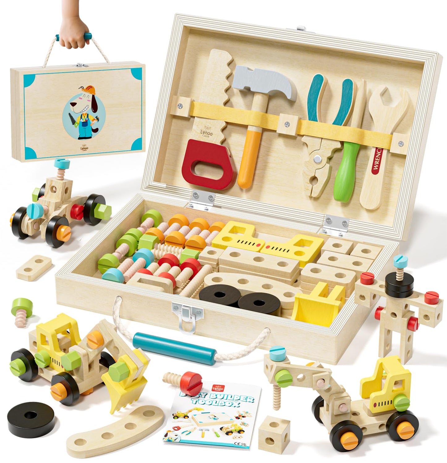 Lehoo Castle Wooden Kids Tool Set, Montessori Educational Toys for Toddler 3+, Pretend Play Tool Box STEM Construction Toy, Birthday Gifts Toys for 3 4 5 Year Old Boys & Girls