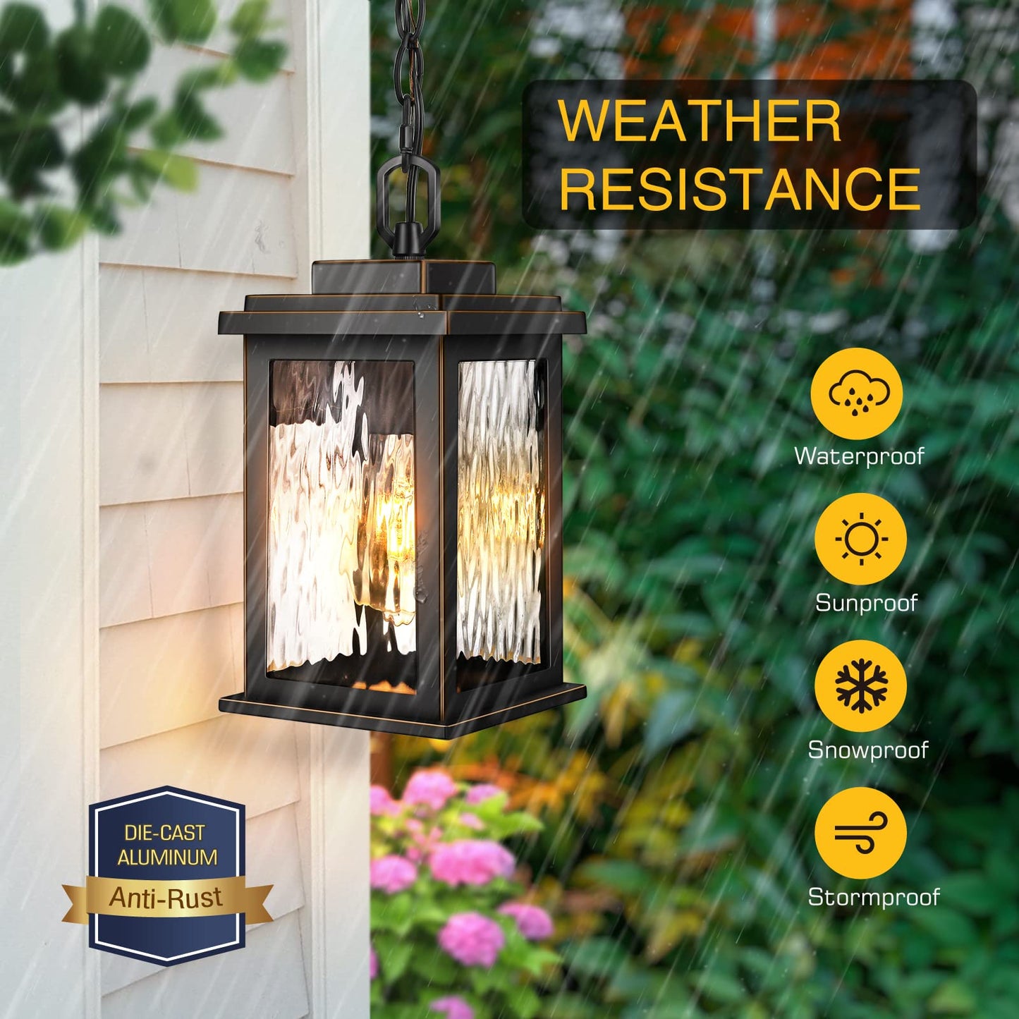 VIANIS Outdoor Pendant Light Fixture, Farmhouse Exterior Hanging Lights with Adjustable Chain, Anti-Rust Aluminum Frame with Temperate Water Glass, Hanging Lantern for Front Door Ceiling Entry Porch