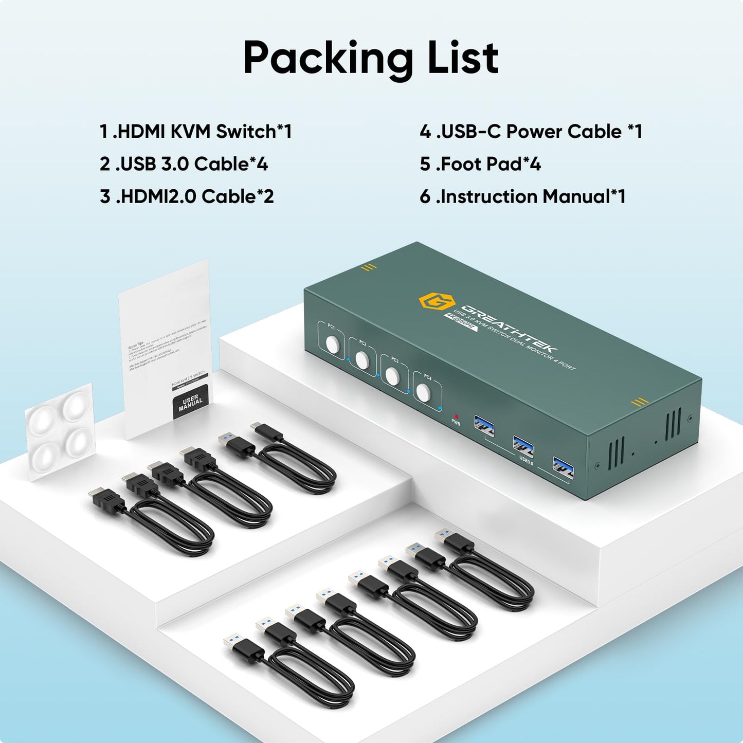 4K@60Hz HDMI KVM Switch 4 Computers 2 Monitors USB3.0, 4 Ports KVM Switch Dual Monitor with 3 USB3.0 Ports Sharing Keyboard and Mouse, Printer/Scanner, Desktop Controller