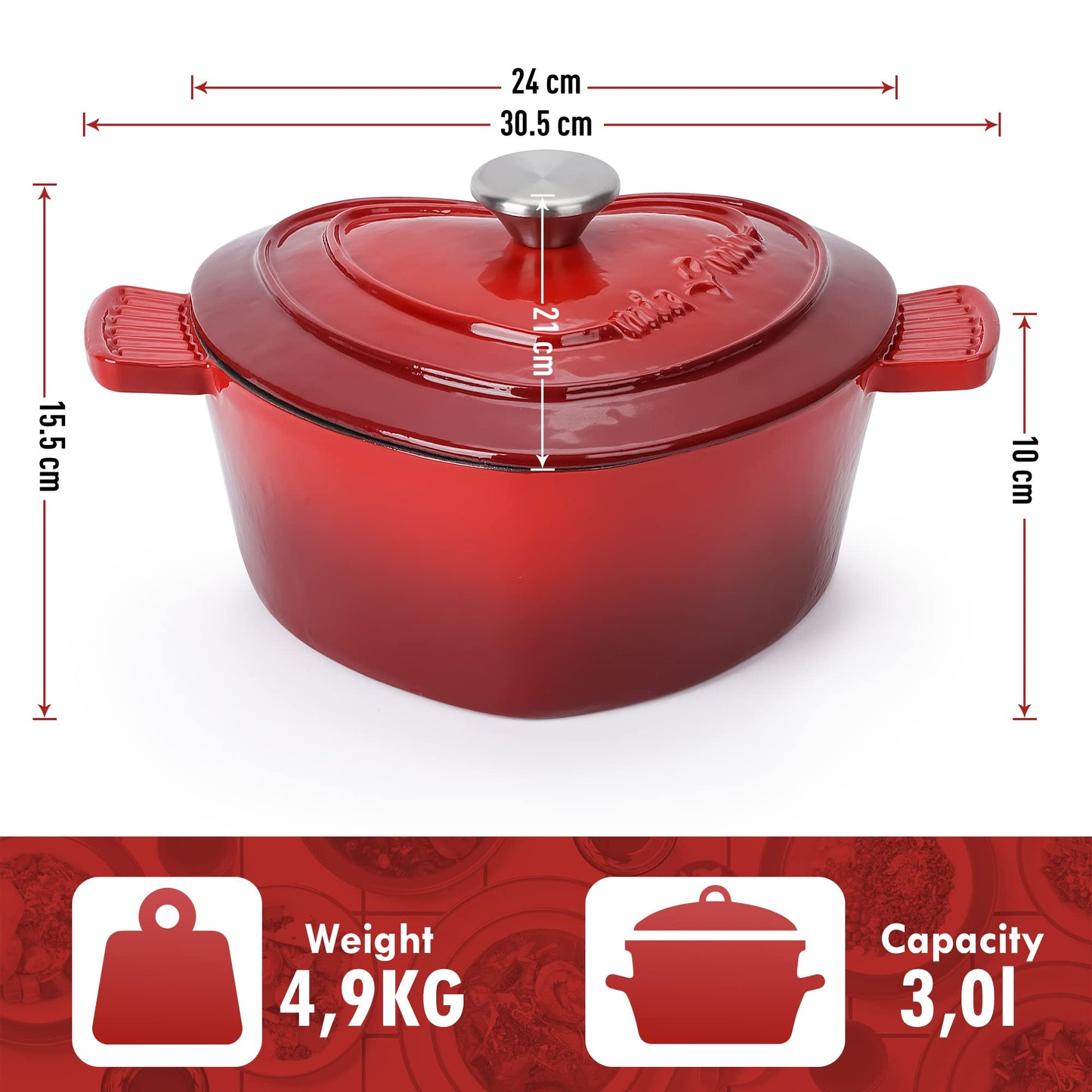 MIAMIO - Enameled Cast Iron Dutch Oven in Heart Shape Non Stick Pot/Gift for Christmas, Suitable for all Heat Types + Oven (3 L, 24 cm)