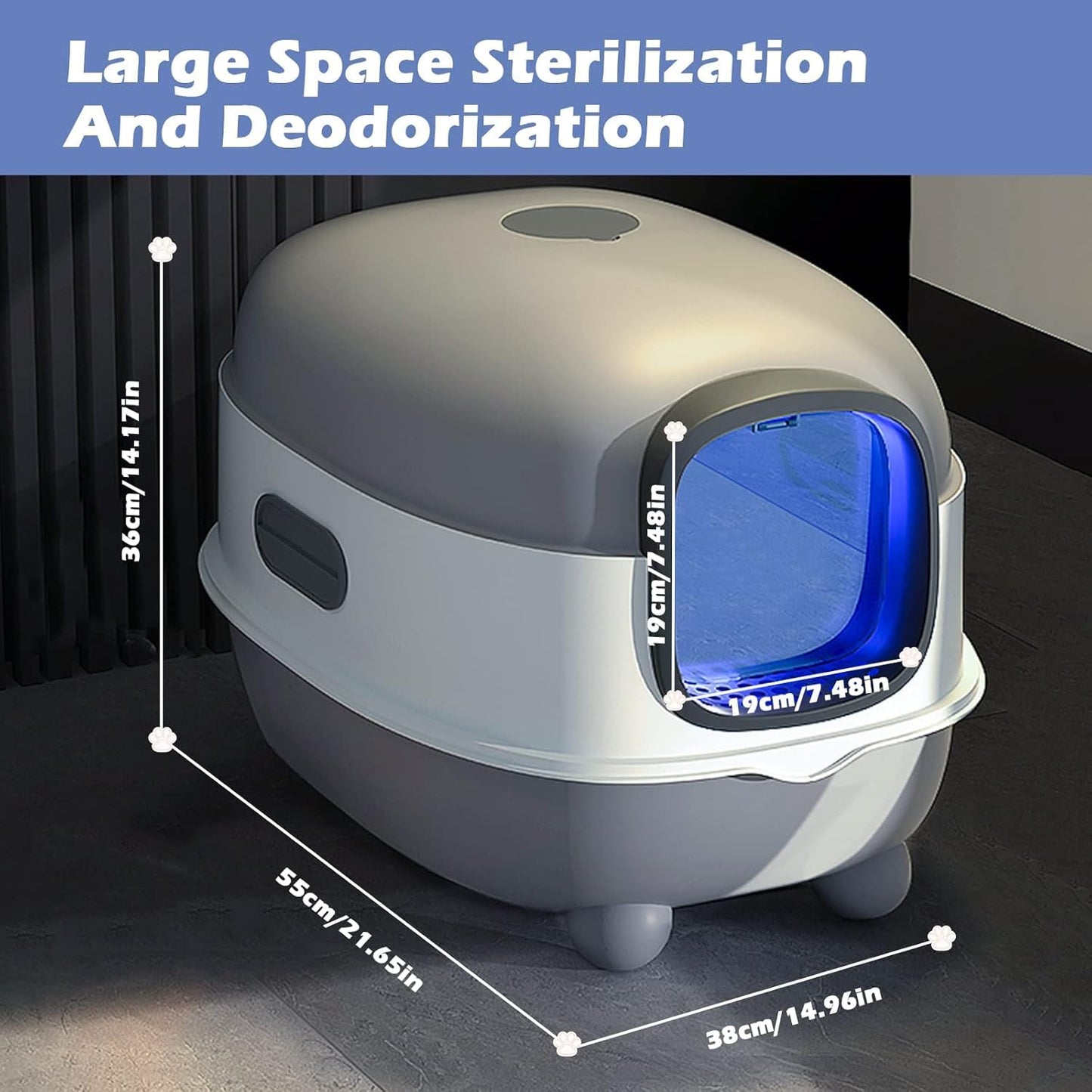 Ultra Large Fully Enclosed Cat Litter Box,Self Cleaning Cat Litter Tray for Cats with Automatic Anti-Sand Cage,Easy to Clean,Deodorize,Splash Proof Litter Box with Lid,55x38x36cm (Grey)