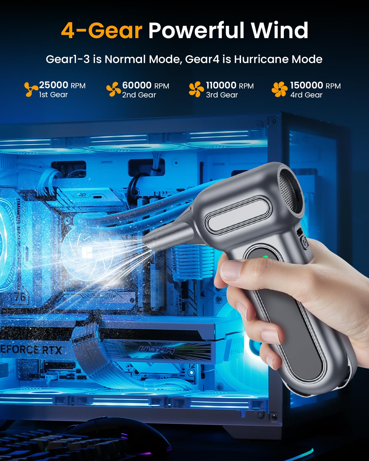 BANKKY Compressed Air Duster - 150,000RPM Turbo Jet Electric Air Duster, Rechargeable Cordless Mini Blower, 4-Speed LED Powerful Handheld Air Blower for Computer, Keyboard, Electronics & Car Cleaning