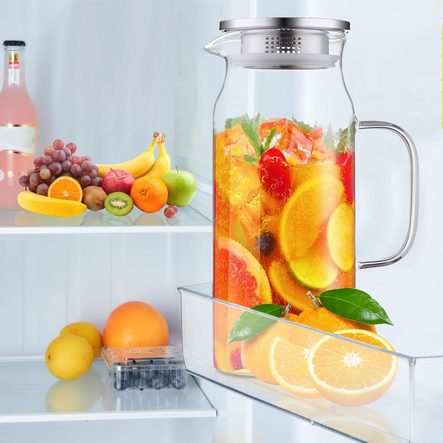 Wexlerey 2 Pack 2 Liter/68 oz Glass Pitcher with Lid and Spout,Wide Mouth Water Pitcher with Handle Heat Resistant,Glass Water Jug Carafe Juice Container for Hot/Cold Drink,Iced Tea,Milk,Coffee
