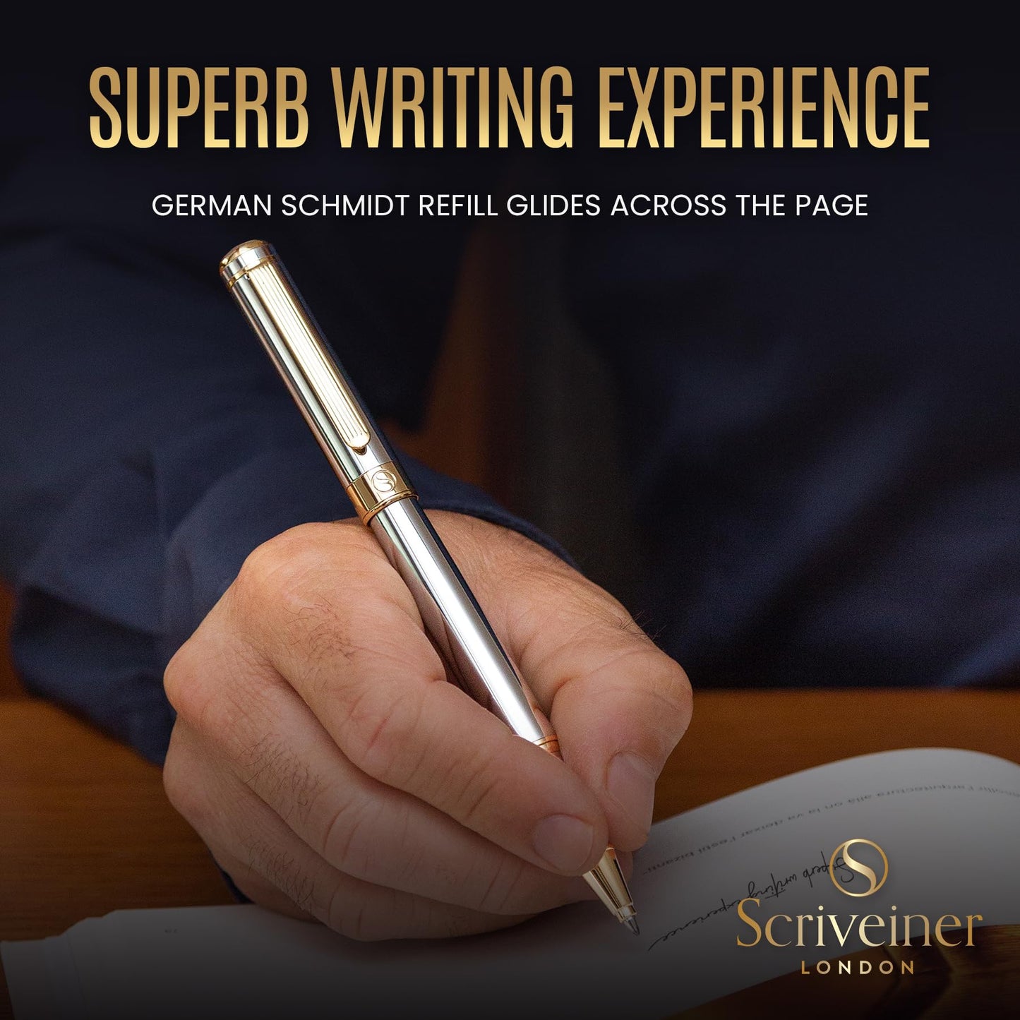 Scriveiner Silver Chrome Rollerball Pen - Stunning Luxury Pen with 24K Gold Finish, Schmidt Ink Refill, Best Roller Ball Pen Gift Set for Men & Women, Professional, Executive Office, Nice Pens