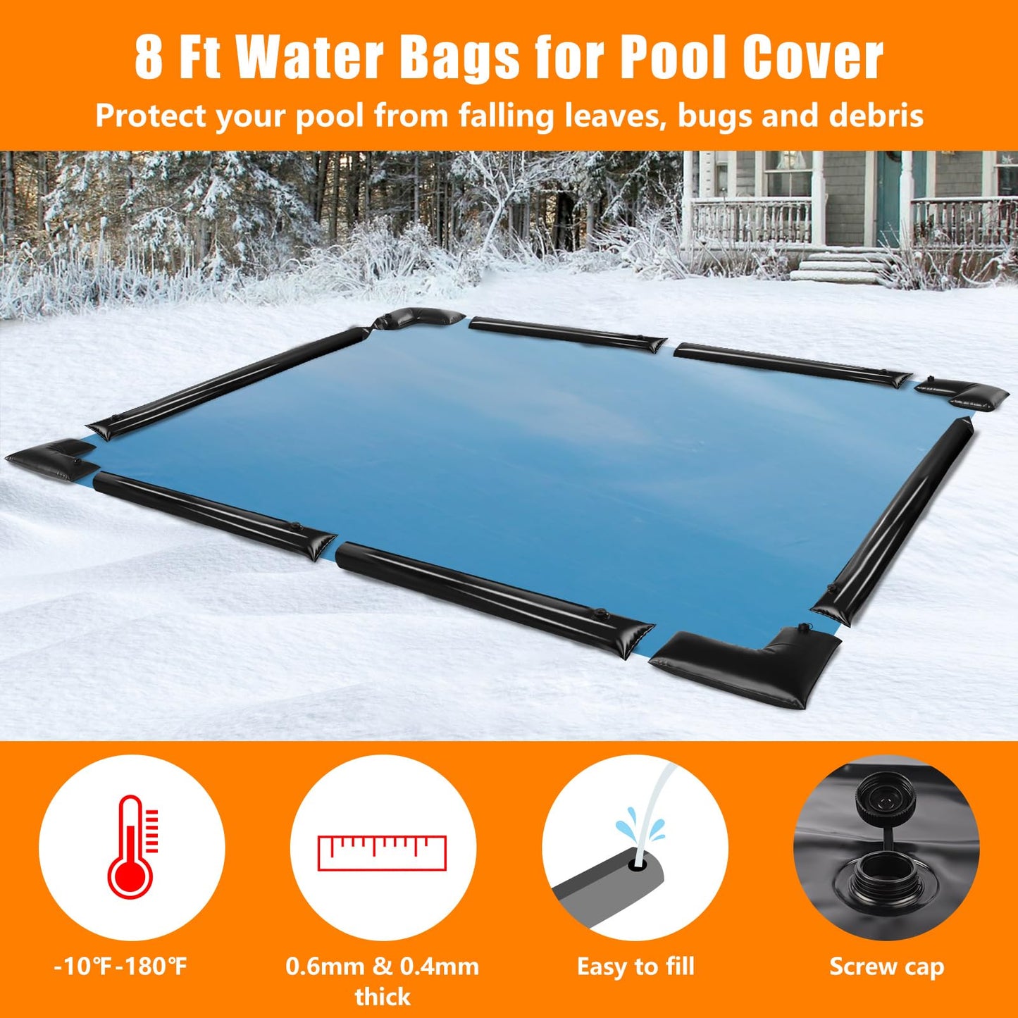 10 Pack 0.6mm Thicker Pool Cover Water Bags with Pool Cover Weights Corner, 8 Ft PVC Pool Water Tubes with Screw Caps for Winterizing for Inground Swimming Pool Winter Cover