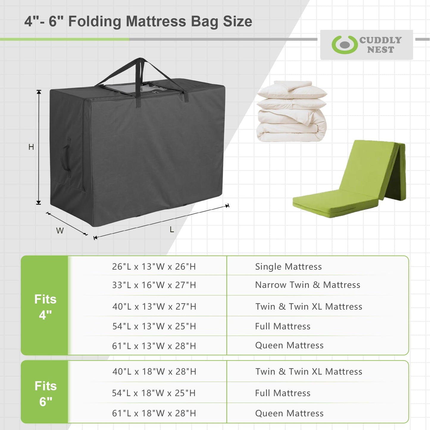 Cuddly Nest Folding Mattress Storage Bag Heavy Duty Carry Case for Tri-Fold Guest Bed Mattress (Fits Up to 6 Inches Twin Mattress, Black)