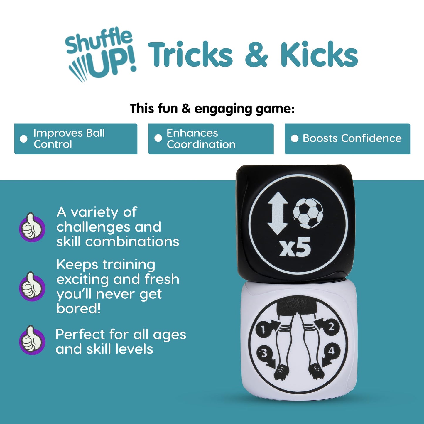 Shuffle Up Tricks & Kicks Soccer Dice Game - Soccer Challenging Skills Training Dice, Outdoor & Indoor Soccer Games for Kids, Keepy Uppy Training Dice, Soccer Gifts for Boys & Girls | (2 Dices)