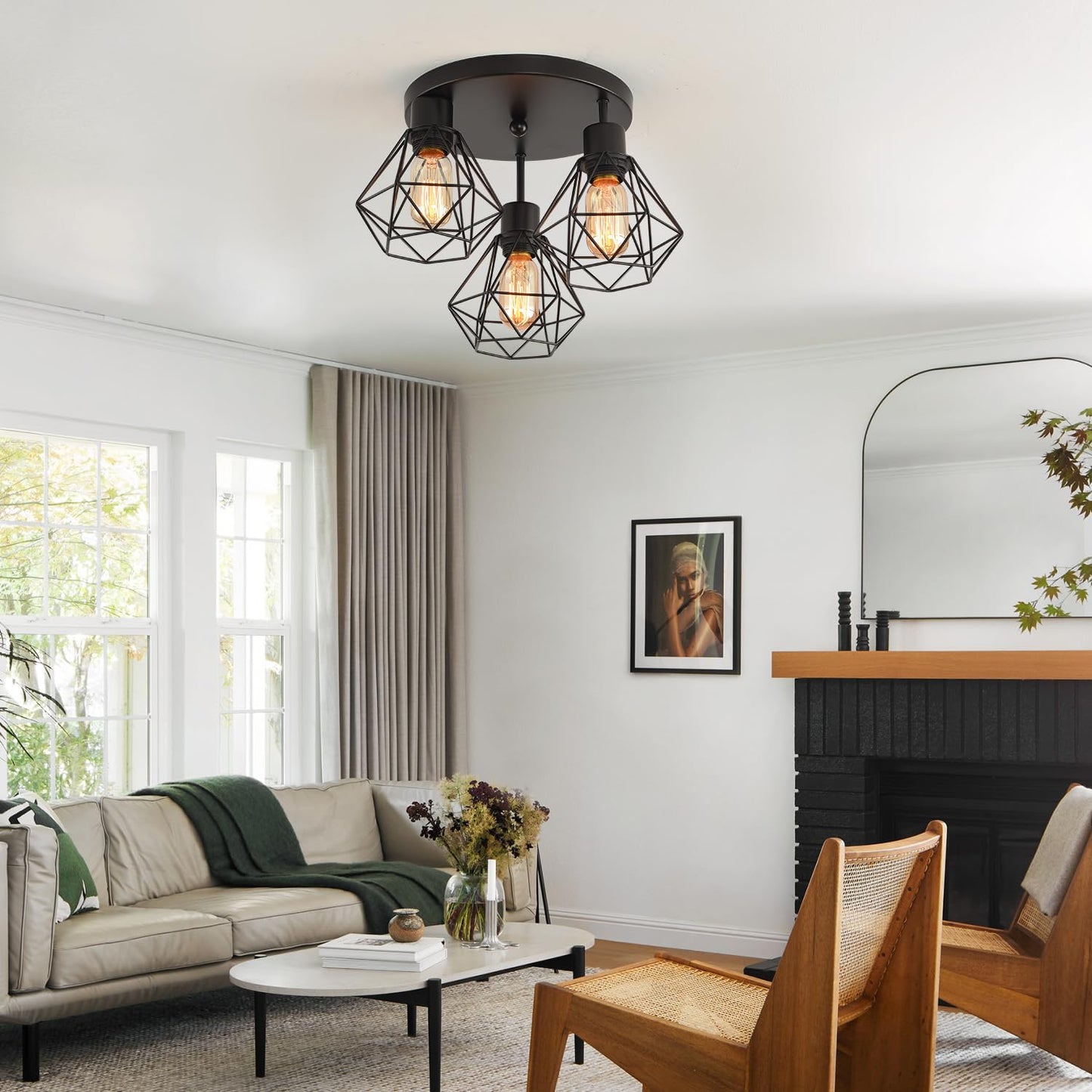 3 Lights Industrial Ceiling Light Fixtures,Iron Cage Ceiling Lamp Pendant Lighting,3-Light Close to Ceiling Light Fixtures, Modern Chandelier for Bedroom Entryway Kitchen Hallway