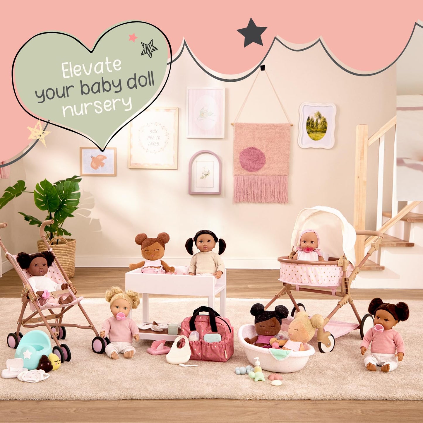 LullaBaby – 14-Inch Realistic Baby Doll – Brown Eyes & Soft Body – Clothing Floral Sleeper, Headband & Pacifier – Plush Bassinet Bed – Pretend Play 2+ Years – Floor Pillow Set
