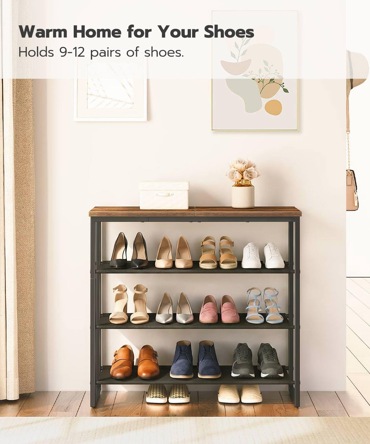 HOOBRO Shoe Rack, 4 Tier Shoe Storage Organizer, Shoe Shelf with 3 Oxford Fabric Shelves and Top Panel, Holds 12-16 Pairs of Shoes, for Entryway, Closet, Steel Frame, Rustic Brown BF47XJ01G1