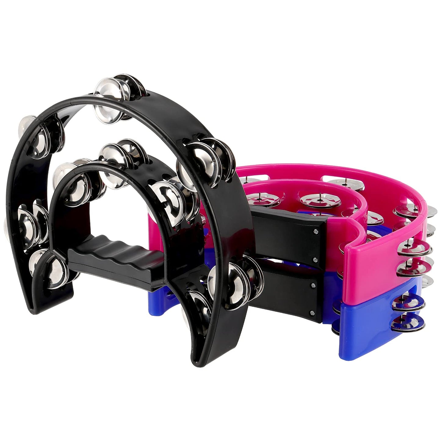 KOHAND 6 Pack 9 Inch Half Moon Tambourine with Double Row Metal Jingles, Handheld Percussion Instrument for Adults, Church KTV Party, Black Blue Magenta