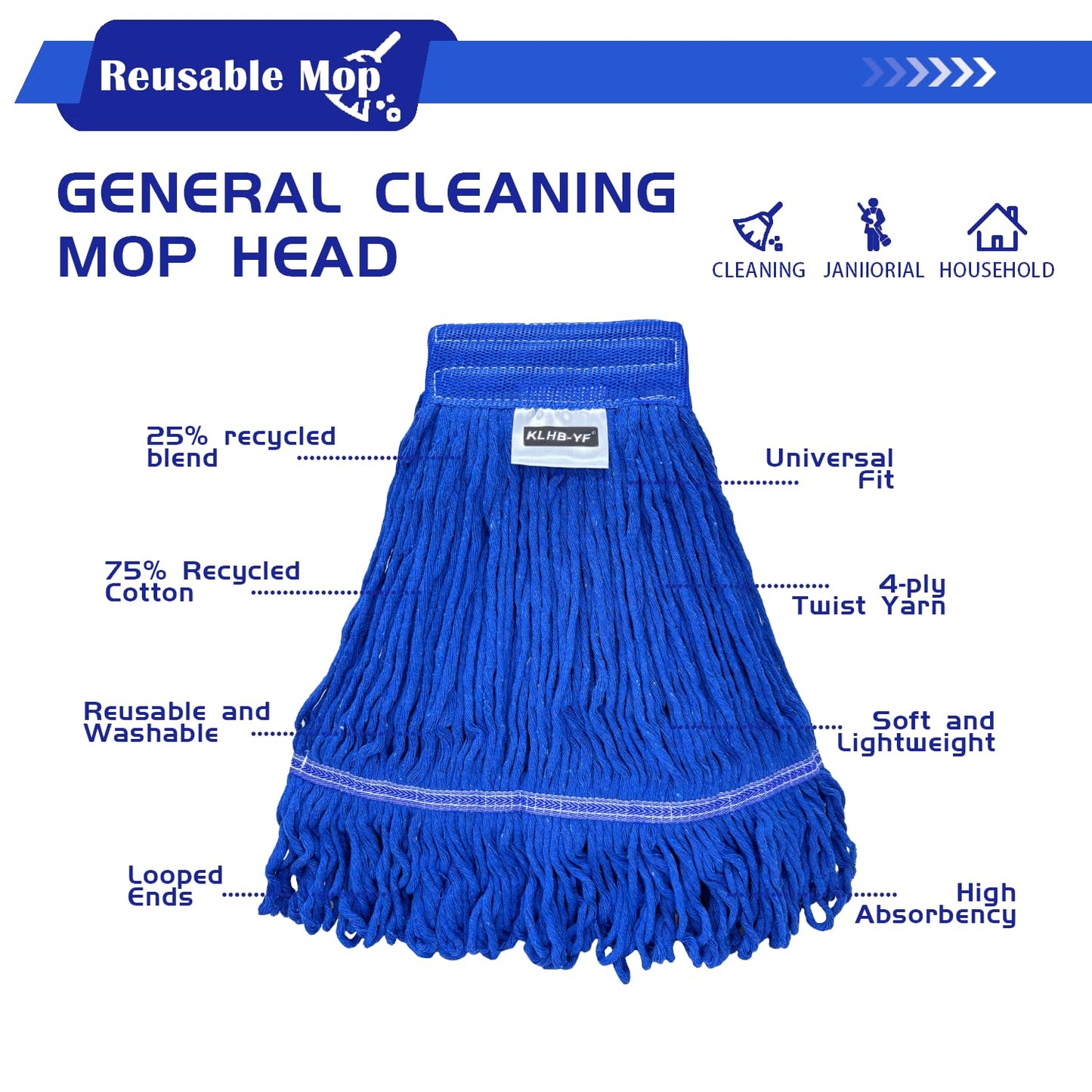 KLHB-YF 21 oz Thick Looped End Blue Mop Heads - Heavy Duty Thick Blue Replacement Mop Heads Cotton Washable Industrial mop Heads Heavy Duty for Commercial & Home Cleaning（blue）