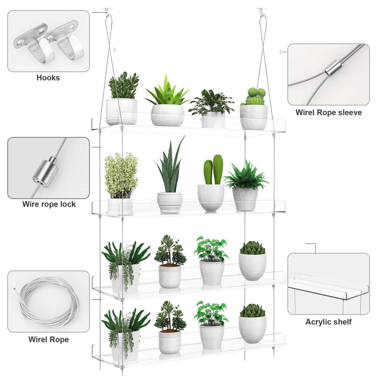 Hanging Clear Plant Shelves for Windows, 4-Tier Acrylic Window Wall Plant Stand Shelf for Kitchen Window Indoor Gardens, Flower, Succulents, Herb, Seedling Organization, and Plants Pots Display