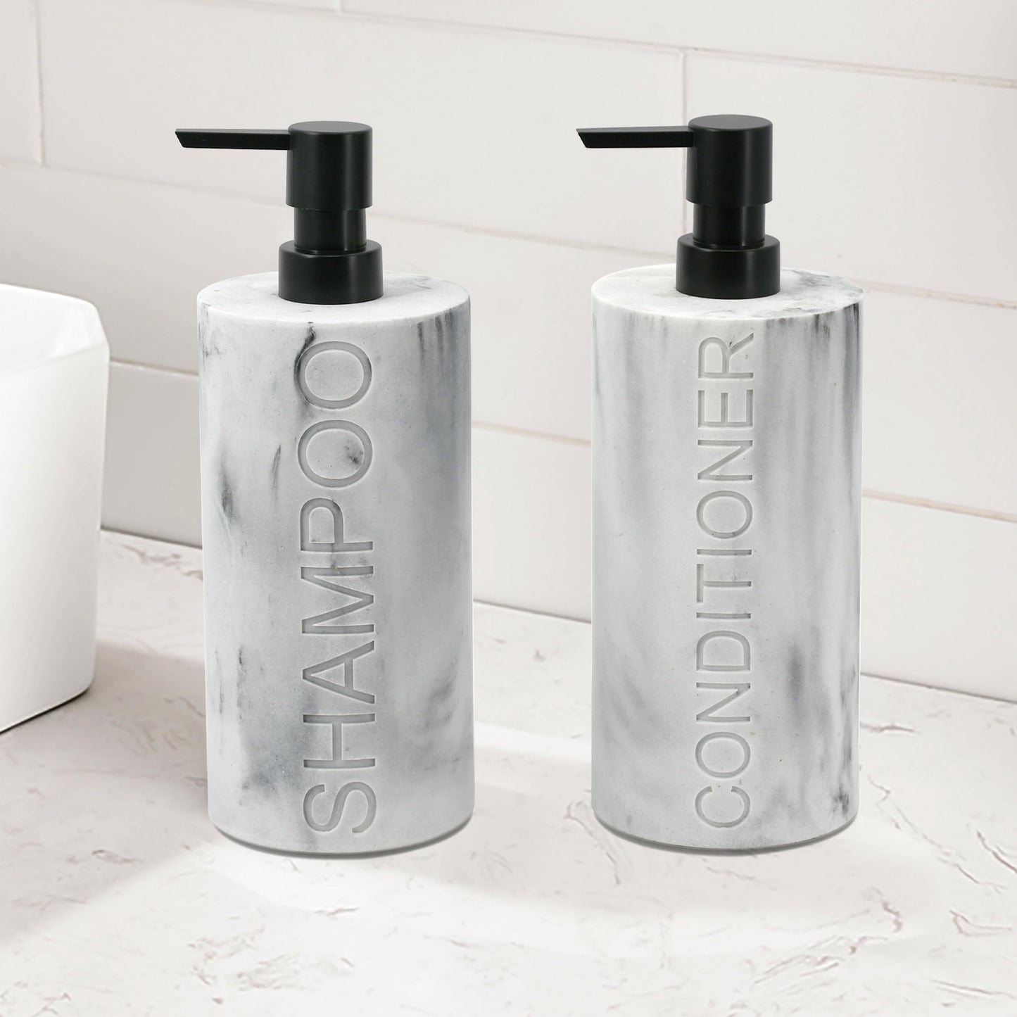 Indecor Home Marble Resin 2 Piece Shampoo and Conditioner Dispenser Set, Luxurious Refillable Pump Bottles with Matte Pump Top and Embossed Text, Durable Design for Bathroom and Shower