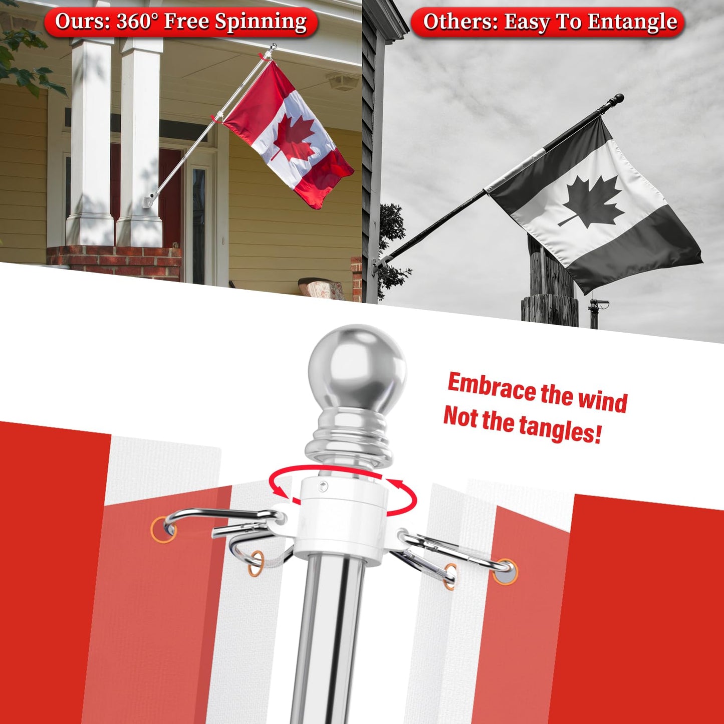 ZMTECH 5 FT Flag Pole Kit with Solar Light – Stainless Steel Outdoor Set Featuring 180° Adjustable Holder, Tangle-Free Design for House Garden Yard Display, Silver (Flag Not Included)