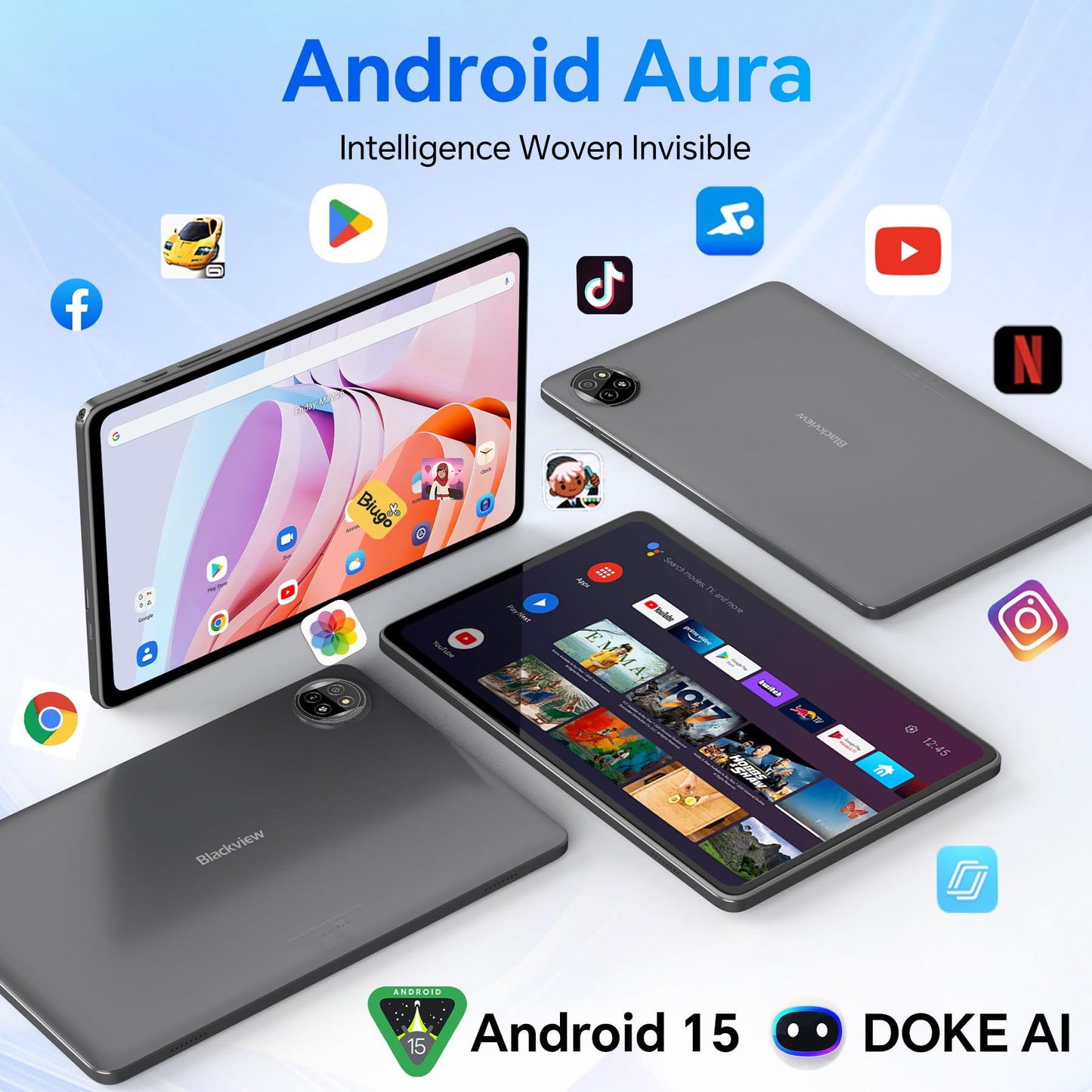 Blackview AI Tablet, Tablet 10 inch Android 15 4GB RAM 64GB ROM 1TB Expandable, Quad-Core, Widevine L1, 1280x800 IPS Touchscreen, 5G WiFi, BT 5.0, Dual Camera, 6600mAh (Blue)