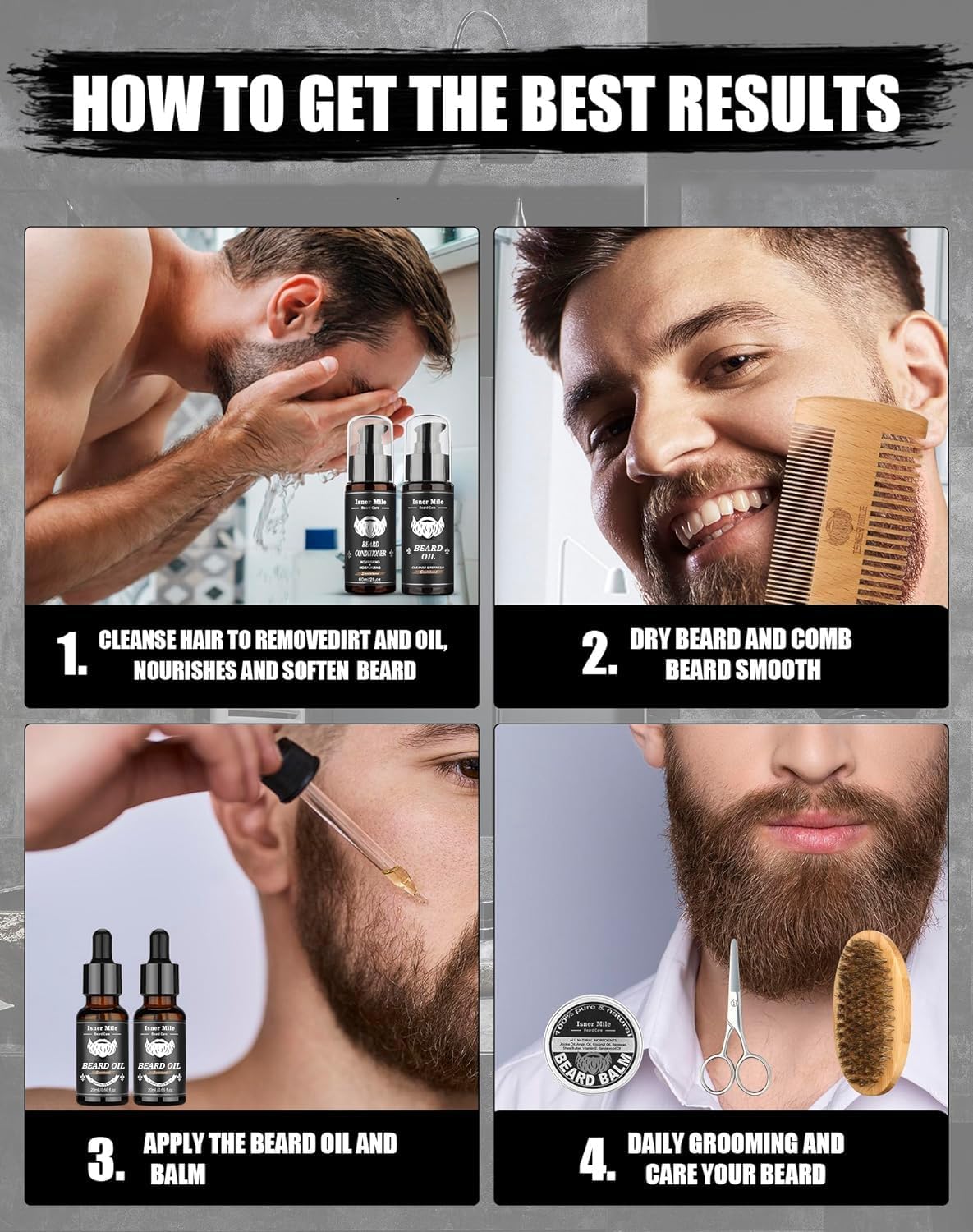 Beard Grooming Kit for Men, Gifts for Him Dad Fathers Man Boyfriend with Shampoo Wash, Conditioner, Care Oil, Balm Softener, Double-sided Comb, Bristle Brush and Trimming Scissors