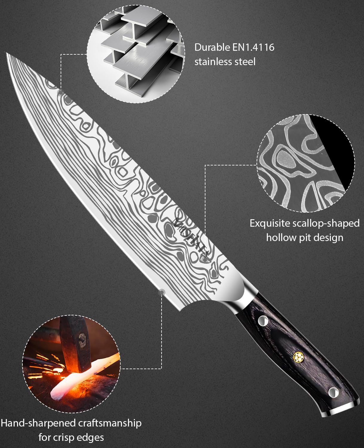 MOSFiATA 8 inch Super Sharp Professional Chef's Knife with Finger Guard and Knife Sharpener, German High Carbon Stainless Steel EN1.4116 with Micarta Handle and Gift Box