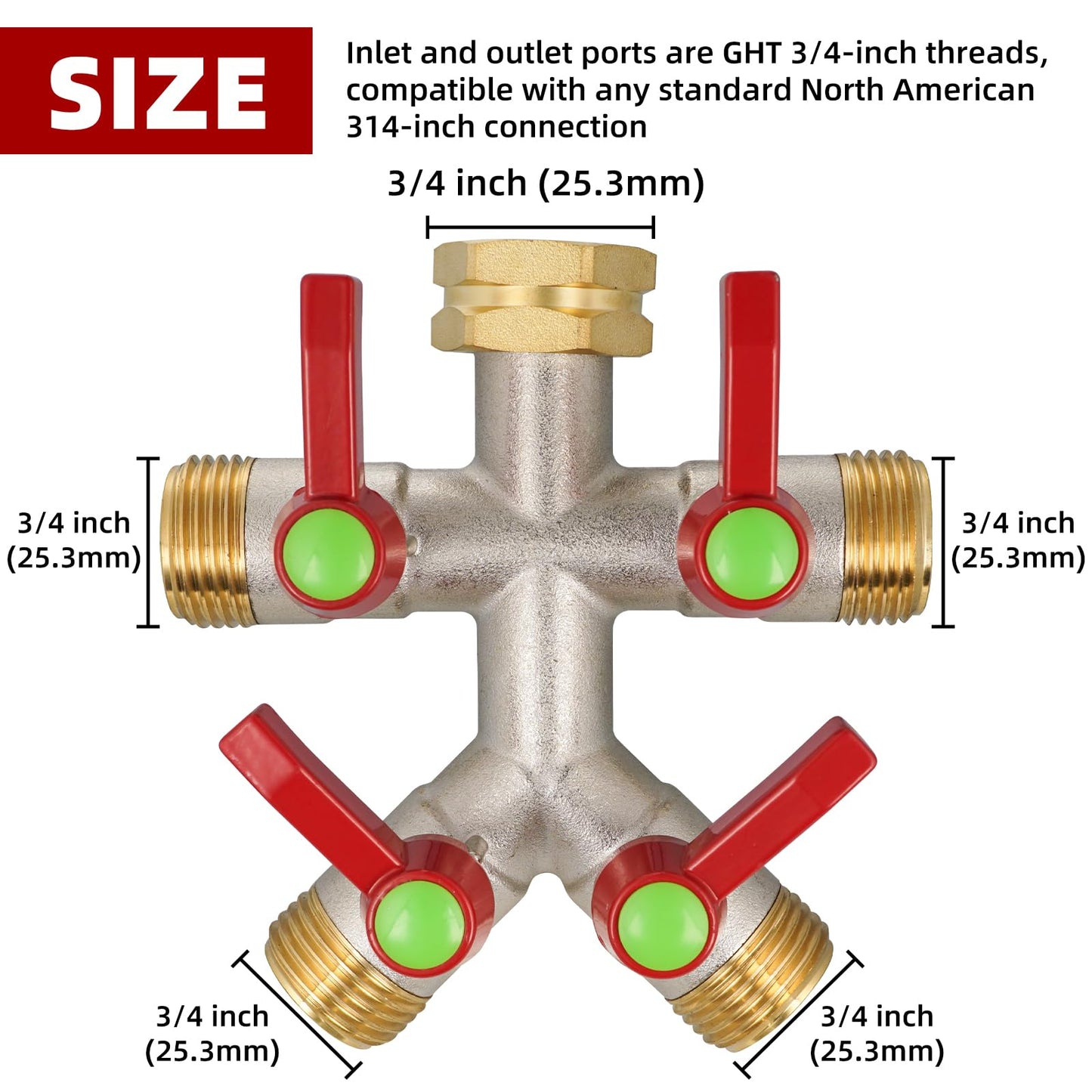 DINGBAI 4 Way Hose Splitter. High Flow, 3/4” GHT Inlet Brass Heavy Duty Hose Converter, 4 Way Garden Hose Splitters, Long Handle Hose Y-Valve Faucet Converter with Threaded Pipe Swivel.