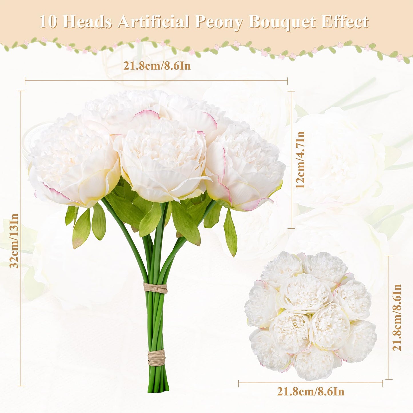 U'Artlines 20Heads Artificial Peony Silk Flower Leaf Home Office Wedding Party Festival Bar Decor (White)
