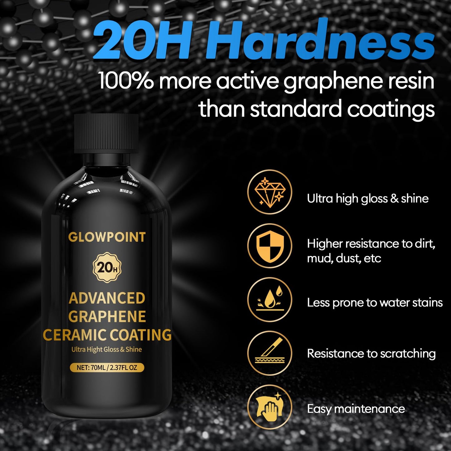 GLOWPOINT Ceramic Coating for Cars, 20H Graphene Ceramic Coating for Auto Detailing, High Gloss Anti-Scratch Nano Coat Kit, 10 Years Hydrophbic Mirror Paint Protection (70ML)