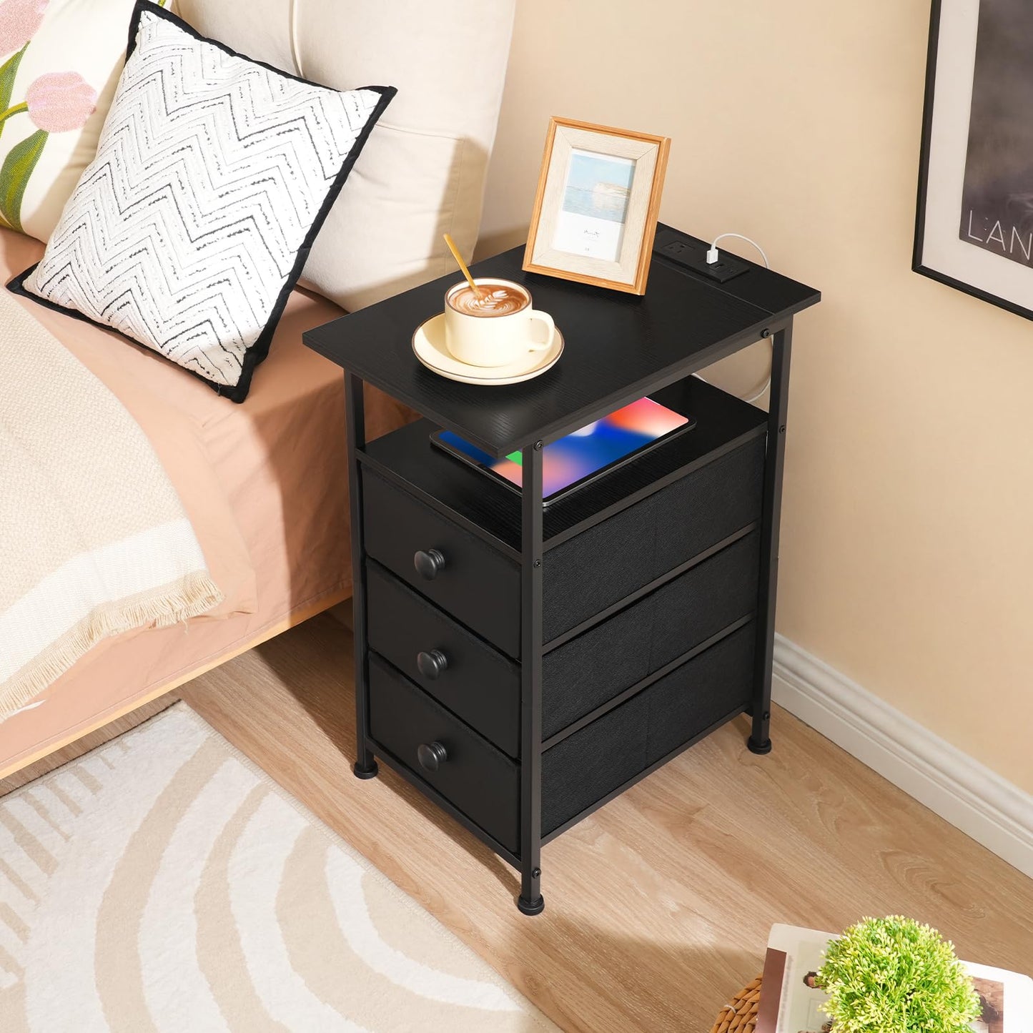 HOOBRO End Table, Narrow Side Table with Charging Station, Nightstand with 3 Non-Woven Fabric Drawers, Bedside Table for Small Spaces, for Living Room, Bedroom, Black BB483UBZ01