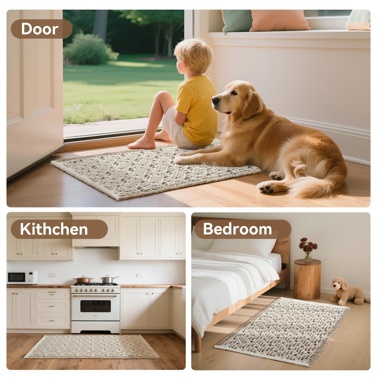 Waffle Bathroom Rugs, Extra Soft and Absorbent Non Slip Bath Mat Washable Boho Bath Rug, Rubber Backed Shower Mat for Bathroom Floor, Bathtub and Shower, 24x36