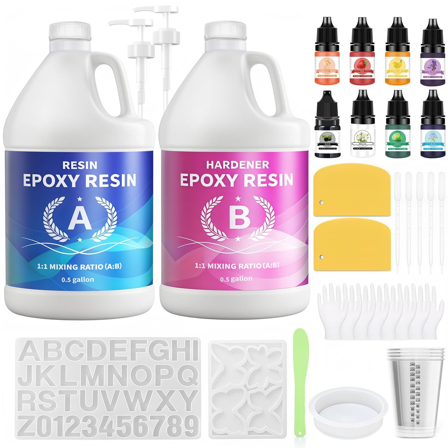 Minlebao Crystal Clear Epoxy Resin Kit 1 Gallon/3.8L, High Gloss Bubble-Free Coating & Casting for DIY Art, Accessory Making, River Tables - 1:1 Ratio with Measuring, Silicone Mold and Usage Tools (1gallon)