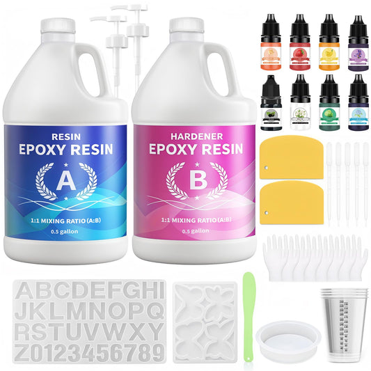 Minlebao Crystal Clear Epoxy Resin Kit 1 Gallon/3.8L, High Gloss Bubble-Free Coating & Casting for DIY Art, Accessory Making, River Tables - 1:1 Ratio with Measuring, Silicone Mold and Usage Tools (1gallon)