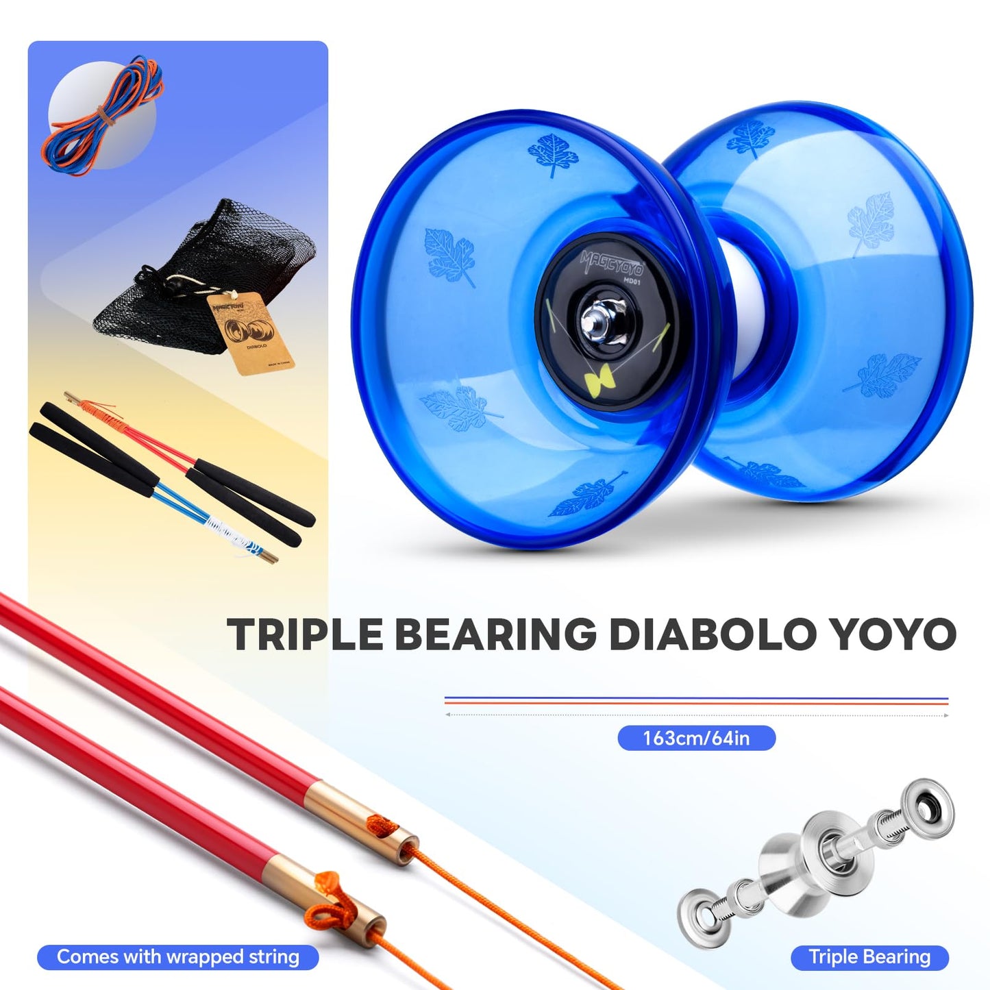 MAGICYOYO Pro Triple Bearing Diabolo Small Size 4” Chinese Yoyo Toy with 2 Pairs Carbon Sticks+ 2 Extra Strings +1 Net Bag, High Performance Chinese Yoyo Diabolo Skill Toy (Blue)