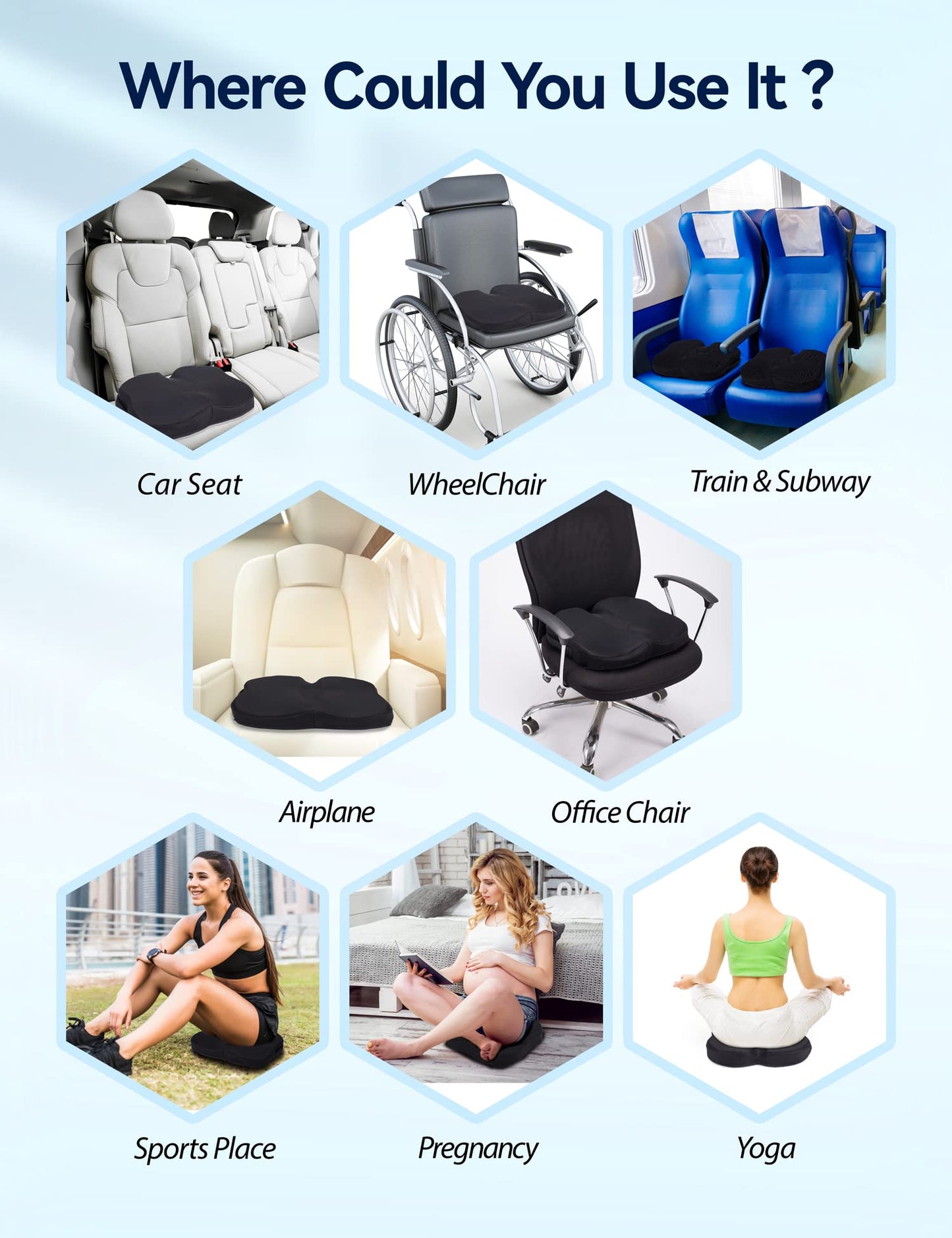 Travel Ease Gel Memory Foam Seat Cushion, Butterfly-Shape Seat Cushion for Long Hours Sitting Comfort, Butt Support Pillow for Office Chair, Car Seat, Dining Chair (Black)
