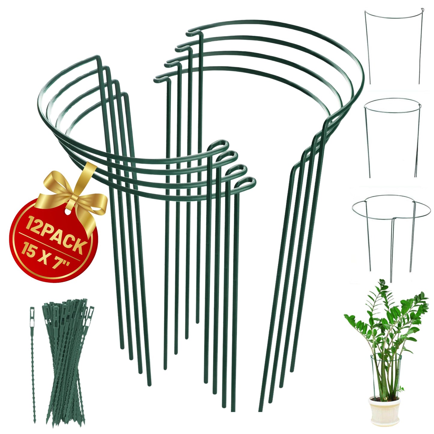 12 Pack Half Round Plant Support for Indoor Outdoor - 15.7", Durable Metal Plant Support Rings with Cuttable Plant Ties to Hold Up Plants Peony, Tomatoes, Hydrangea, Rose